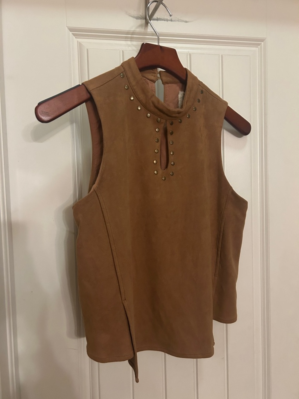 Moon River M Tan Faux Suede western Studded Mock Neck Tank